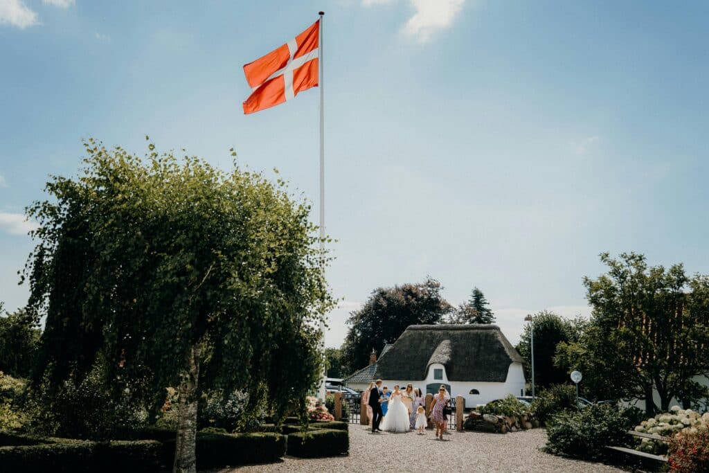 Bryllupsfest foran et hus med flag, hvor glade gæster fejrer den særlige dag.